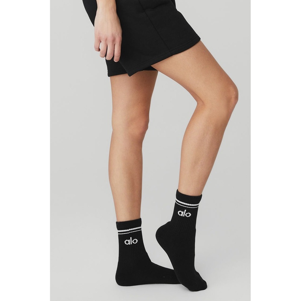 ALO Yoga Half-Crew Socks Unisex Black and White Logo New $34 Original Retail